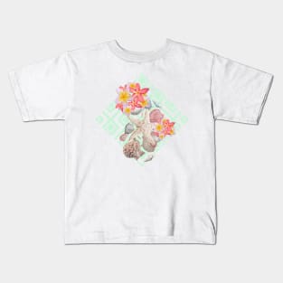 Modern tropical flowers seashells geometric design Kids T-Shirt